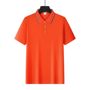 Front view of a vibrant orange quick-dry mesh Polo shirt for men with a striped collar