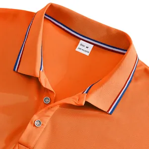 Macro view of bright orange mesh Men's Polo shirt collar with white size label
