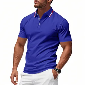 Detail of a blue quick-dry mesh polo shirt for men with striped collar and buttons
