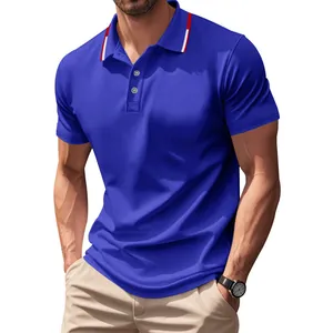 Close-up detail of a royal blue mesh polo shirt featuring stylish striped collar accents