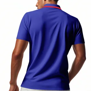 Back view of a blue men's quick-dry mesh polo shirt with a stylish red collar detail.
