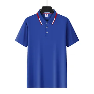 Royal blue men's quick-dry mesh polo shirt featuring red and white striped collar detail