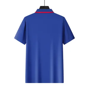 Rear view of a blue quick-dry mesh Polo shirt with a red striped collar detail