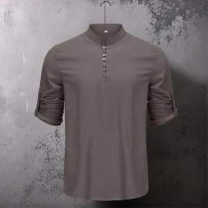 Herren Baumwolle Stehkragen Henley Hemd Langarm Casual Strand Yoga Slim Fit Einfarbig Top