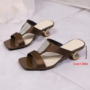 Close-up of brown square toe sandals with rhinestones showing 5cm chunky heel height