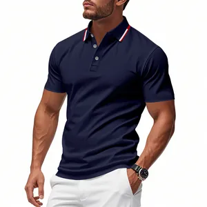 High-quality detail of navy blue mesh polo shirt for men featuring quick-dry fabric