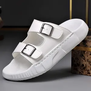 Men Summer Casual Double Buckle Slides Lightweight Soft Foam Sole Sandals Outdoor Home Fashion Thick Bottom Slip On Shoes