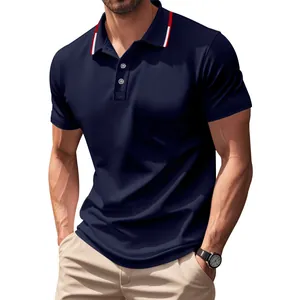Detailed view of navy blue quick-dry mesh polo shirt with red striped collar accents