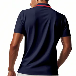 Detailed back view of a navy blue quick-dry mesh Polo shirt with a red collar accent.