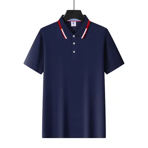 Close-up detail of navy blue mesh polo shirt featuring a red and white striped collar