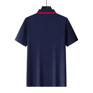 Back view of high quality navy blue mesh polo shirt with red collar stripe detail