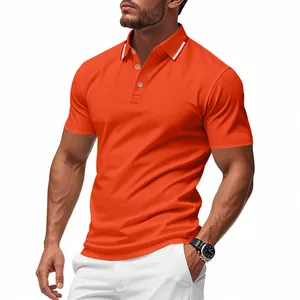 Close-up of men's orange quick-dry mesh polo shirt for golf and casual wear