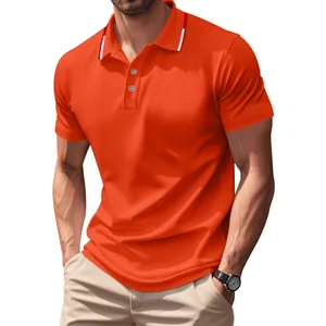 Bright orange quick-drying mesh polo shirt for men featuring a striped collar and button detail