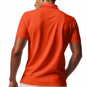 Back view of a vibrant orange men's mesh polo shirt showing slim fit and breathable fabric