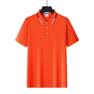 Detailed view of men's orange mesh polo shirt with white striped collar accents