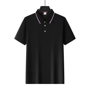 Front view of black men's mesh polo shirt with a tricolor striped collar detail