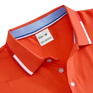 Detailed close-up of an orange mesh polo shirt collar with size M polyester label