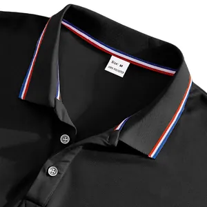 Close-up of black mesh polo shirt collar with red, white and blue stripe detail.