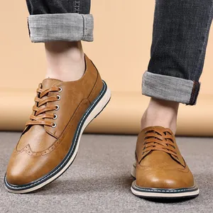 Men British Vintage Brogue Carving PU Leather Shoes Casual Breathable Lace-up Oxford Dress Shoes For Business Daily Office Wear