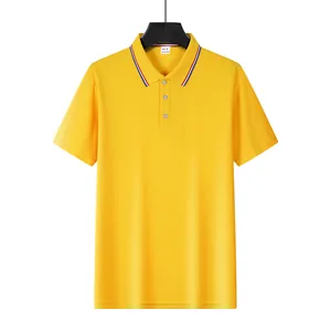 Detailed view of yellow mesh Polo shirt featuring red and blue striped collar design