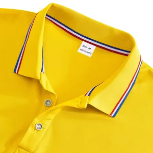 Macro detail of yellow mesh polo shirt collar with striped trim and white size label