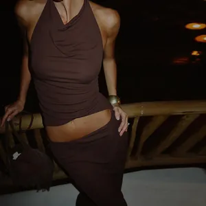 Sexy dark brown halter backless top and matching bodycon midi skirt set for women.