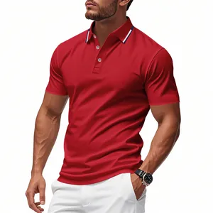 Close-up of a men's red mesh Polo shirt with striped collar and three-button placket