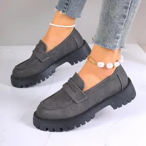 Casual grey thick heel platform loafers for women featuring British vintage style design