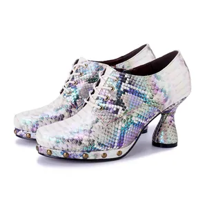 Women Punk Snake Print Holographic High Heels Lace Up Rivet Decor Stiletto Pumps Metallic Streetwear Fashion Shoes