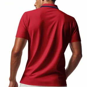 Back view of red mesh polo shirt showing quick-dry fabric and navy collar detail