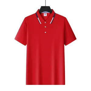 Macro detail of a red short-sleeve mesh polo shirt with striped collar and buttons.