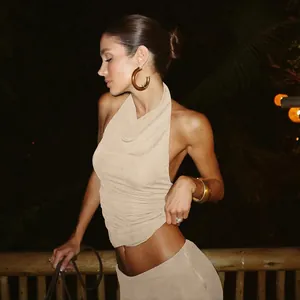 Sexy beige halter neck backless crop top and matching slim fit midi skirt two piece set