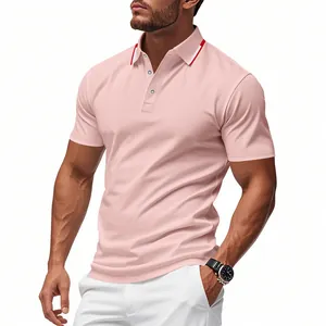 Detail of a men's pink slim fit polo shirt with red striped collar and mesh fabric