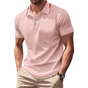 Detail view of a light pink mesh polo shirt featuring stylish striped collar accents.
