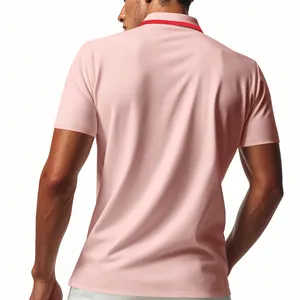 Detailed back view of a men's pink mesh polo shirt featuring a red contrast collar.