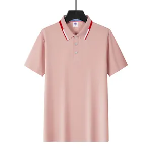 Men's pink mesh polo shirt with striped collar and quick-dry breathable fabric.