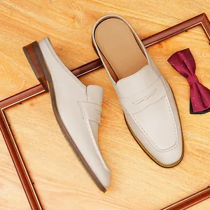Mules de Cuero Genuino Para Hombre Punta Fina Zapatillas Cerradas Blanco Roto Verano Negocios Casual Mocasines de Cuero