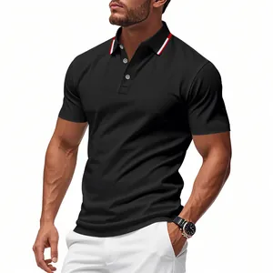 Close-up detail of a men's black mesh polo shirt featuring stylish red and white striped collar