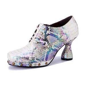 Detail shot of snakeskin print high-heel shoe with metallic studs and chunky flared heel.