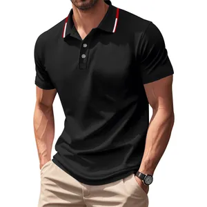 Close-up view of men's quick-dry black mesh polo shirt featuring striped collar