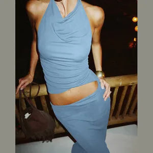 Sexy blue halter neck crop top and bodycon skirt two-piece set outfit for women