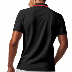 Back view of a black quick-dry mesh polo shirt with a red striped lapel collar for men
