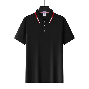 Close-up detail of a black mesh Polo shirt featuring a red and white striped ribbed collar.