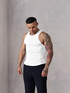 Premium men's white ribbed ice silk tank top for fitness, running and training