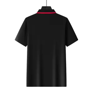 Back view of classic black mesh polo shirt with distinct red collar stripe for men