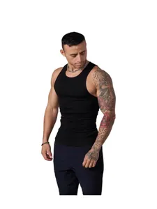 Men's black ribbed knit tank top for gym training and casual summer athletic wear