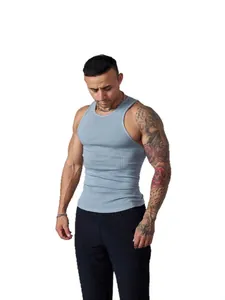 Men's athletic slim fit ribbed knit gym tank top in light blue for fitness and training