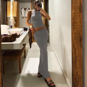 Sexy grey halter neck backless crop top and slim fit solid color maxi skirt two-piece set