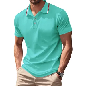 Close-up detail of men's mint green quick-dry mesh polo shirt with striped collar