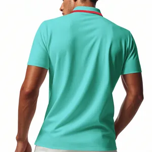 Back view detail of breathable mesh men's polo shirt in cyan with red collar trim